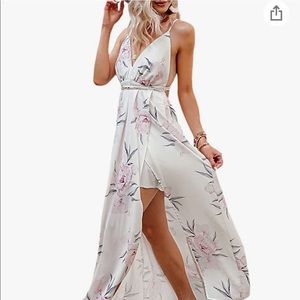 Deep V Neck Backless Floral Print Split Maxi Dress